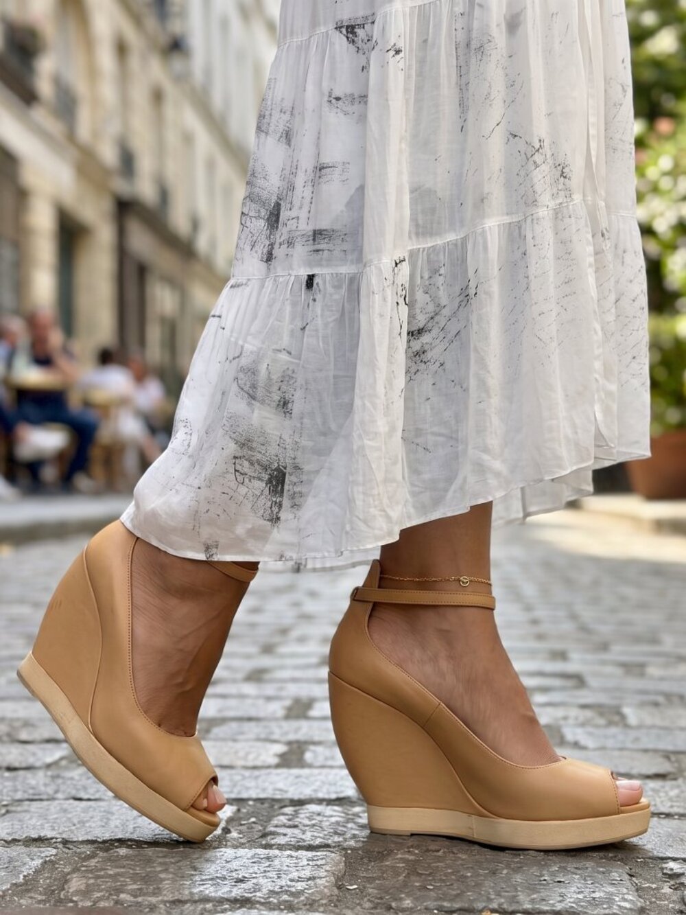 WALTER STEIGER Paris Nude Tan Leather Ankle-Strap Platform Wedge Sandals, EU 36.